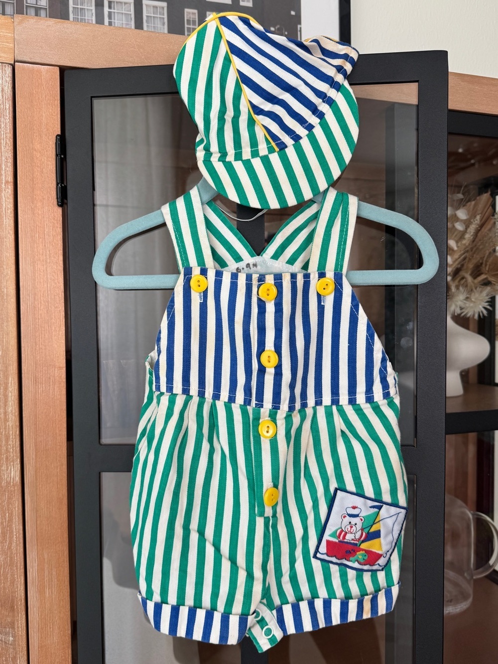 Vintage teddy bear set striped overalls romper hat sailor sailboat fishing